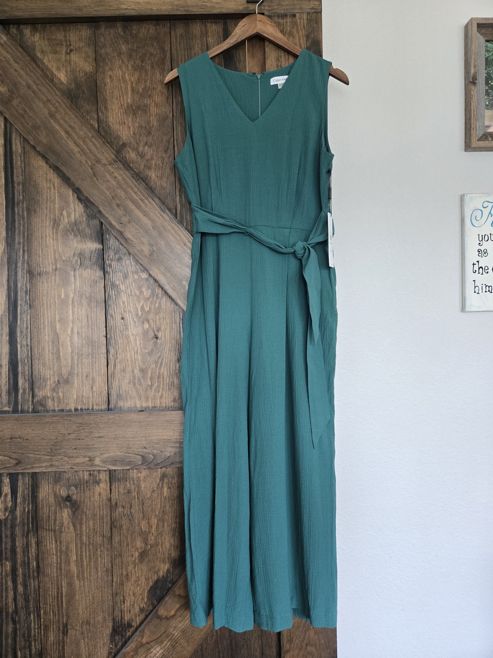 Calvin Klein Teal Sleeveless V-Neck Jumpsuit with Waist Tie